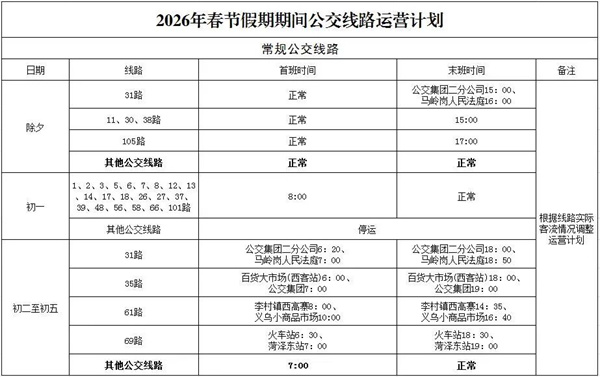 2026年春节期间菏泽公交运营时间调整